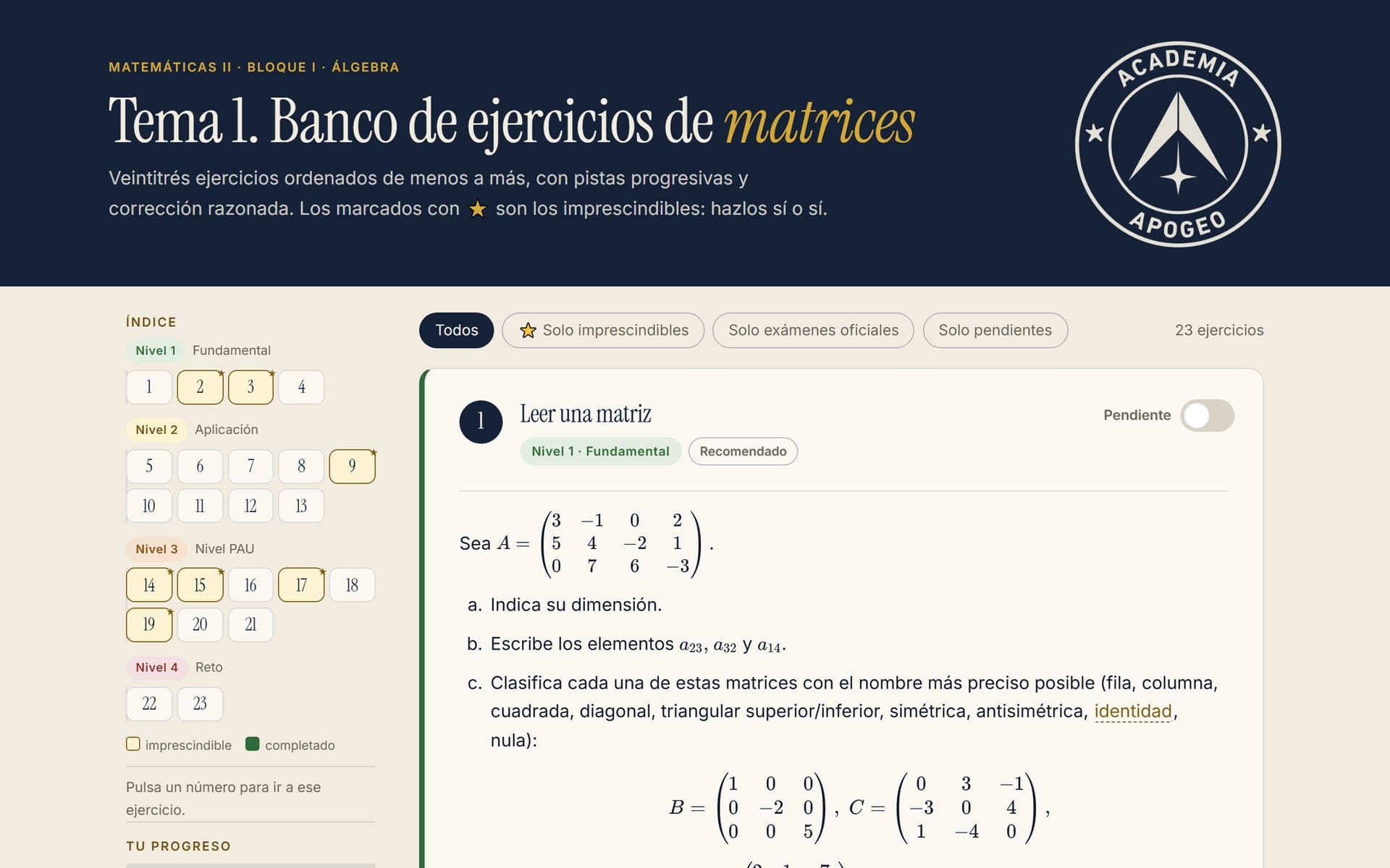 El banco de ejercicios del tema de matrices, por niveles y con los imprescindibles marcados