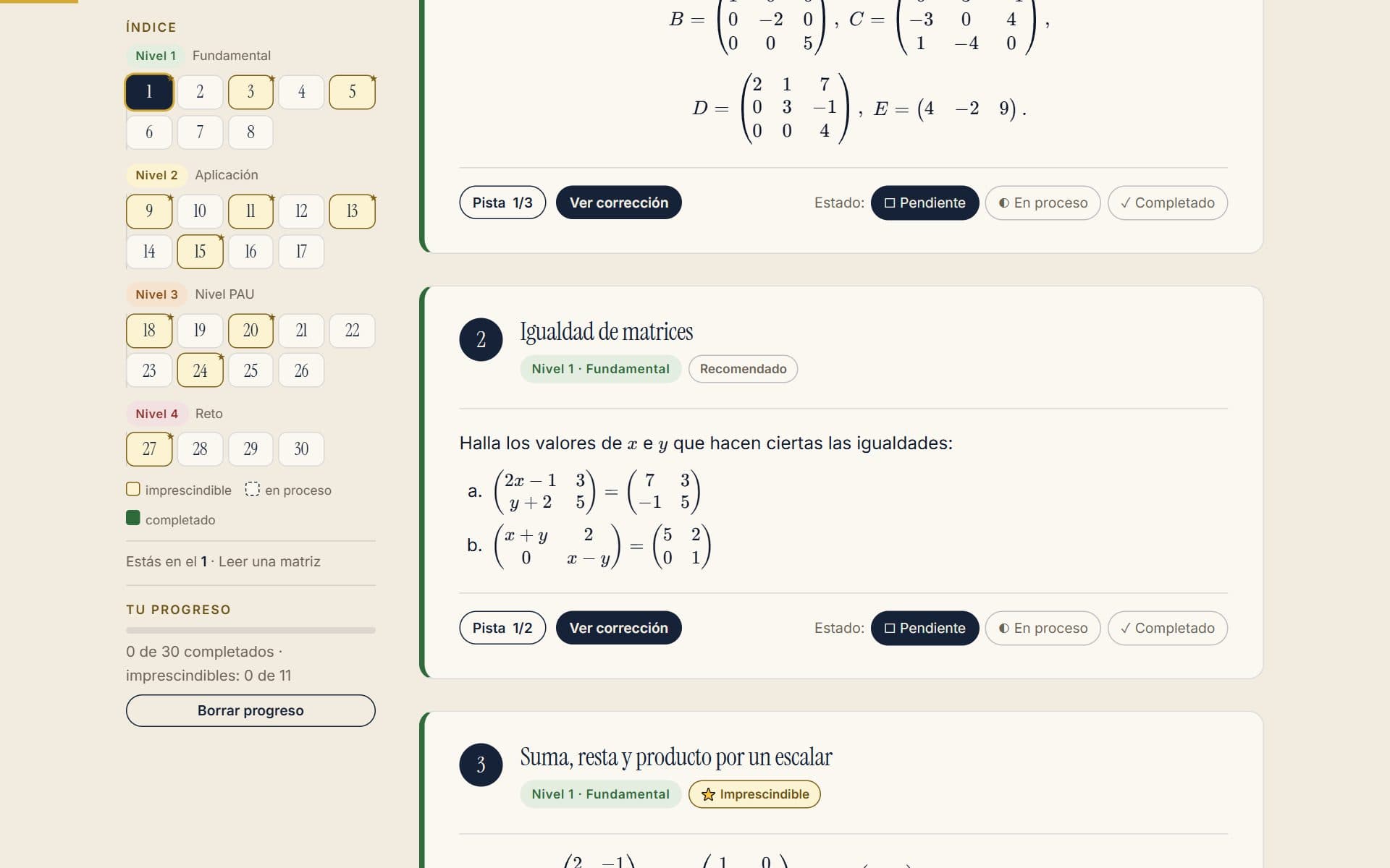 El banco de ejercicios del tema de matrices, con pistas y corrección